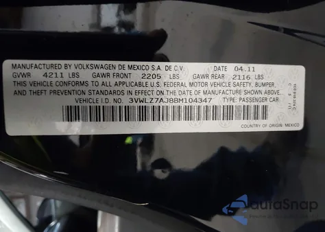 2011 Volkswagen Jetta 2.5L Sel из США, поврежденный, VIN 3VWLZ7AJ8BM104347